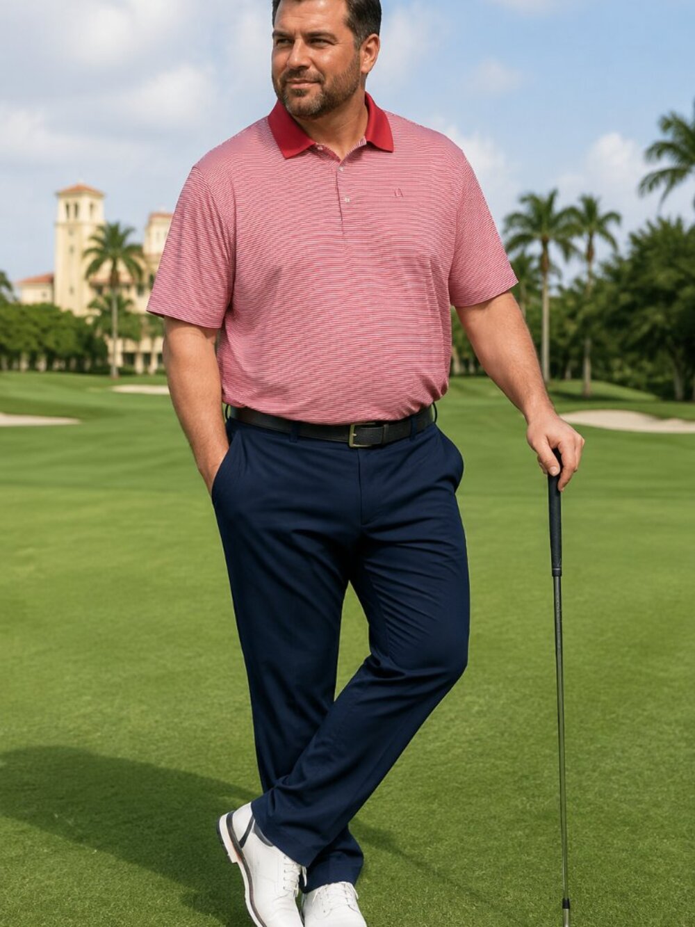 Greg Norman Men’s XXXL Red White Micro Stripe Golf Polo Shirt qo